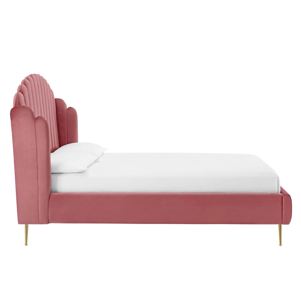 Lana Queen Performance Velvet Wingback Platform Bed in Dusty Rose