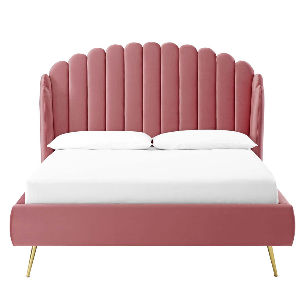 Lana Queen Performance Velvet Wingback Platform Bed in Dusty Rose