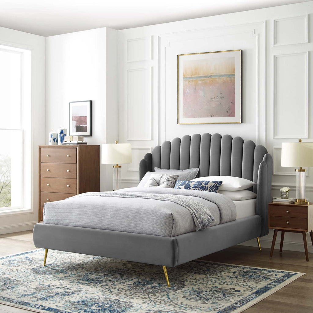 Lana Queen Performance Velvet Wingback Platform Bed in Gray