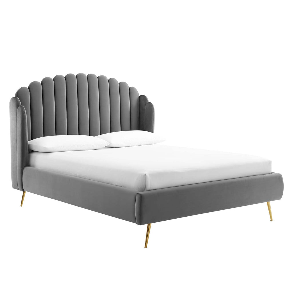 Lana Queen Performance Velvet Wingback Platform Bed in Gray