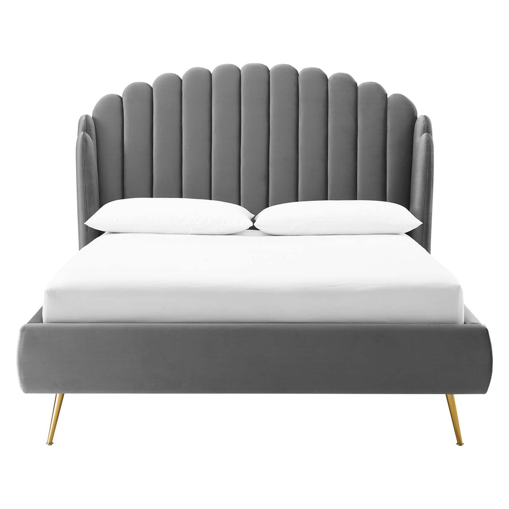 Lana Queen Performance Velvet Wingback Platform Bed in Gray