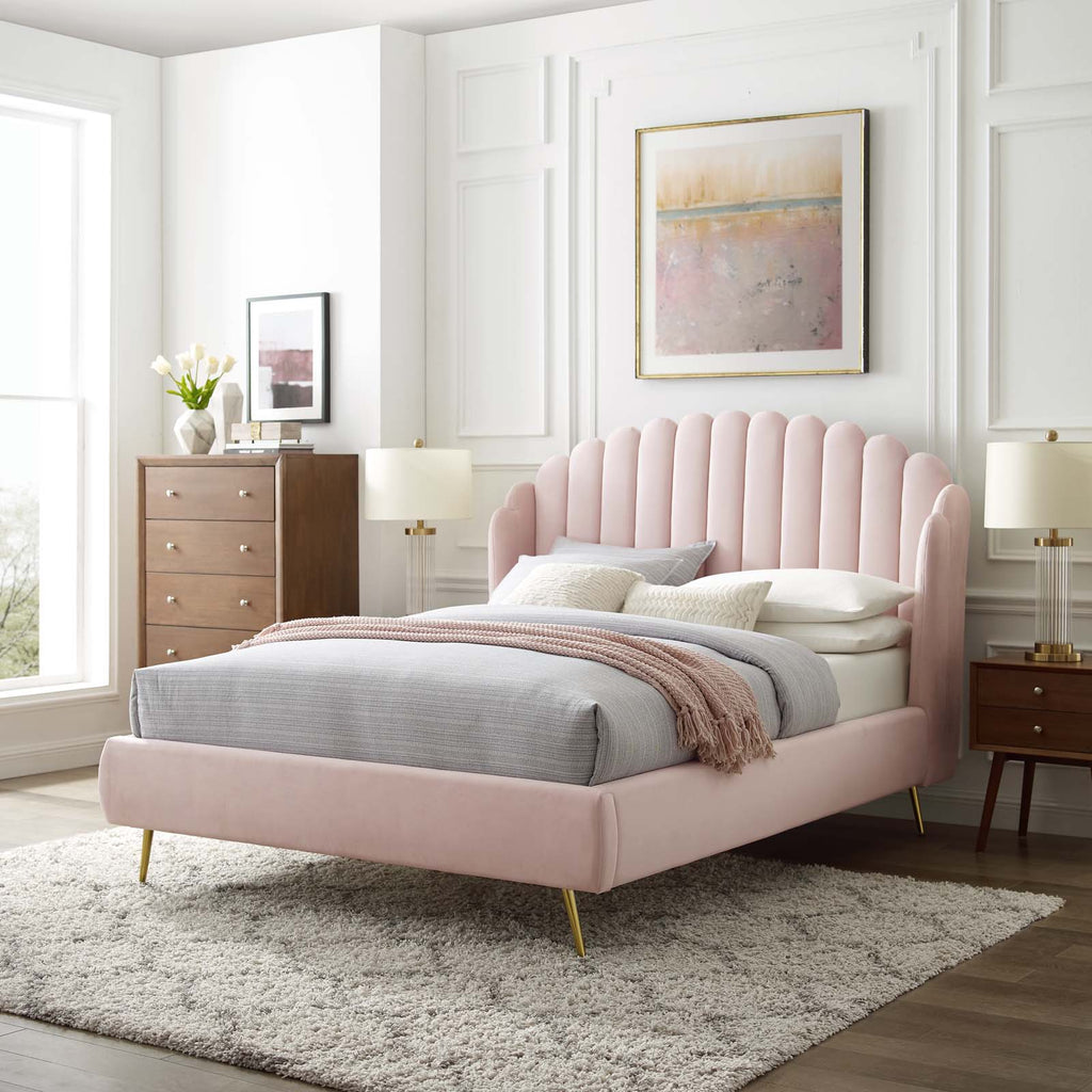 Lana Queen Performance Velvet Wingback Platform Bed in Pink