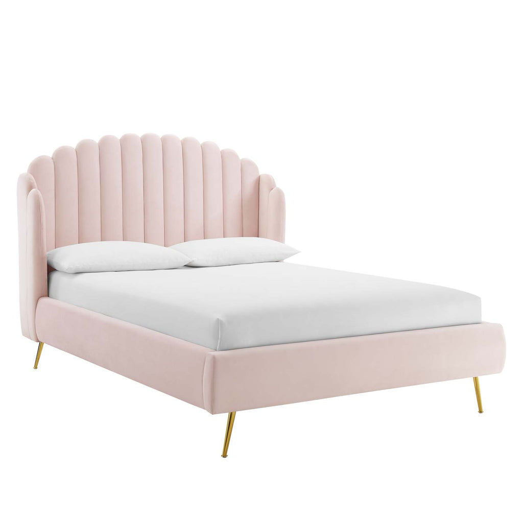 Lana Queen Performance Velvet Wingback Platform Bed in Pink