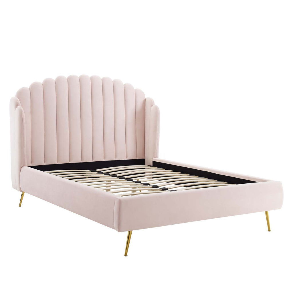 Lana Queen Performance Velvet Wingback Platform Bed in Pink