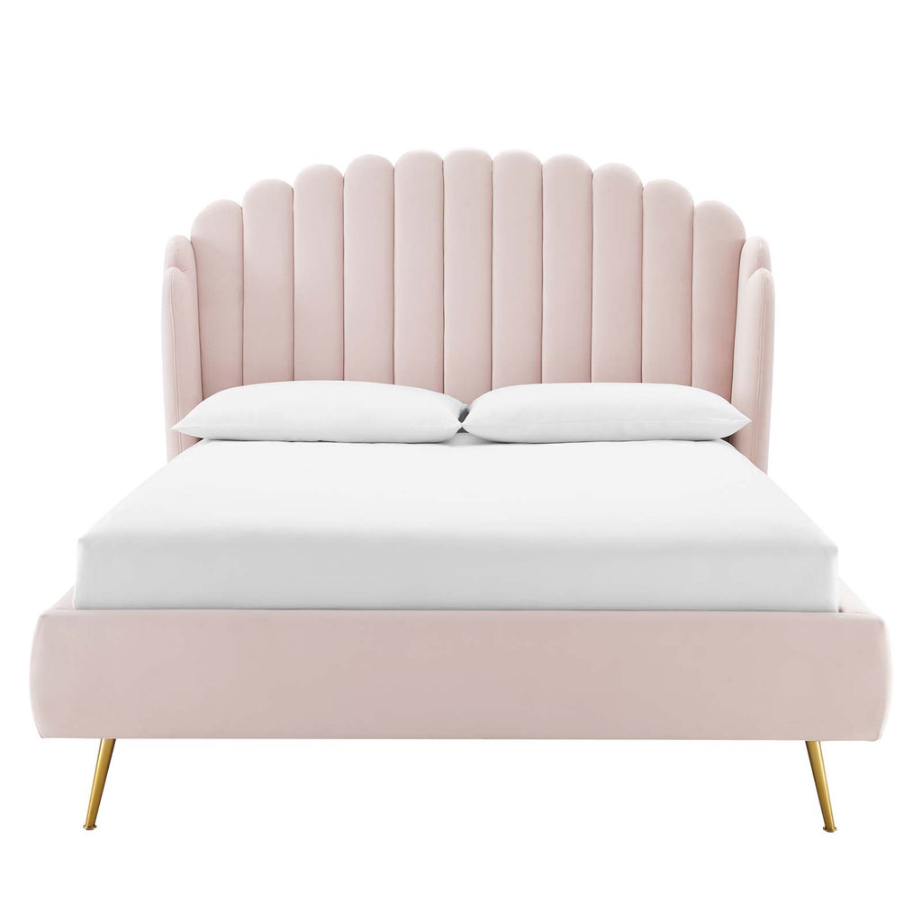 Lana Queen Performance Velvet Wingback Platform Bed in Pink