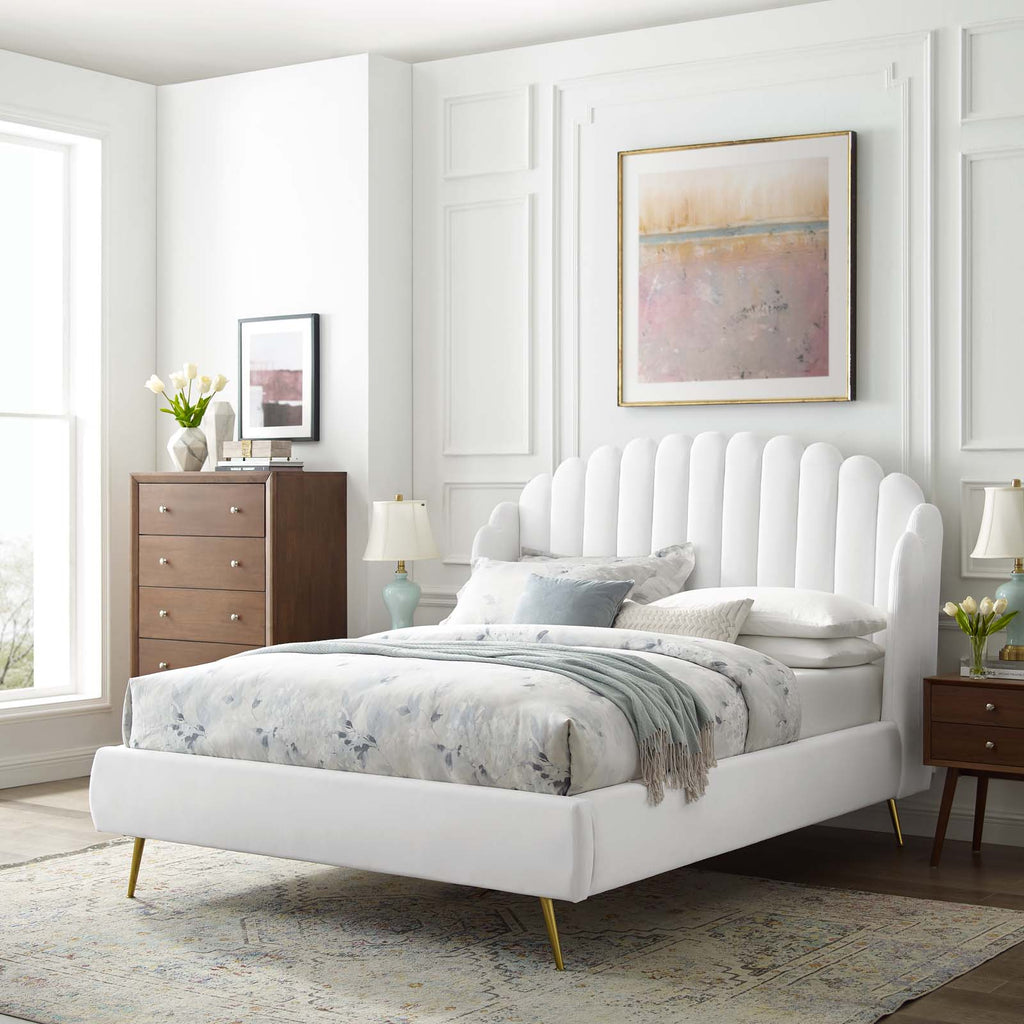 Lana Queen Performance Velvet Wingback Platform Bed in White