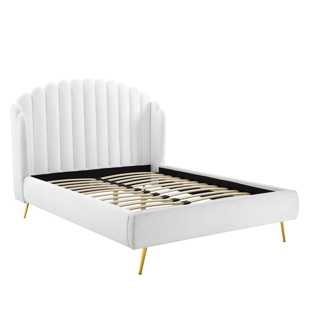 Lana Queen Performance Velvet Wingback Platform Bed in White