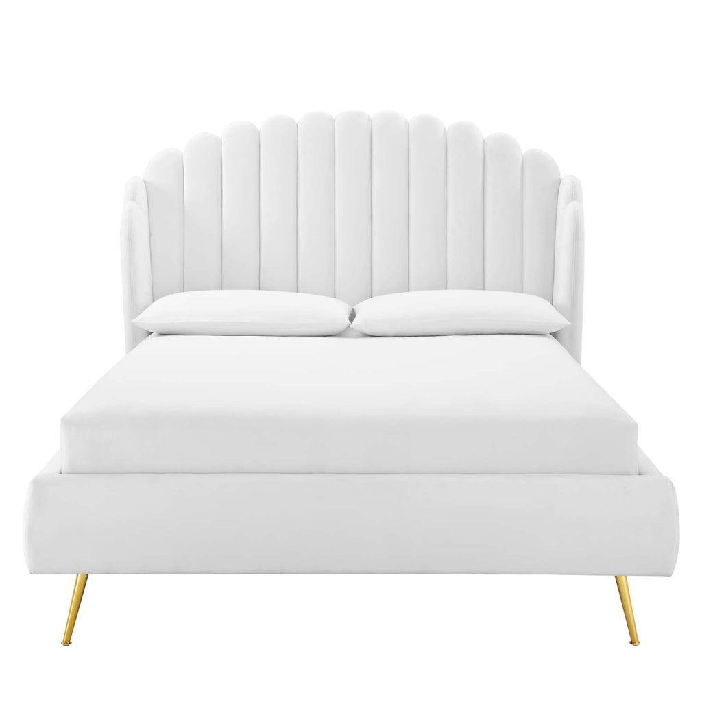 Lana Queen Performance Velvet Wingback Platform Bed in White