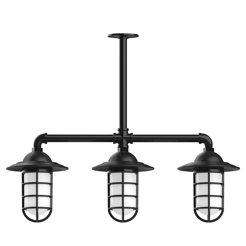 Vaportite, Style A Shade, 3-Light Stem Hung Pendant With Clear Glass And Cast Guard, Black - MSK052-41-T48