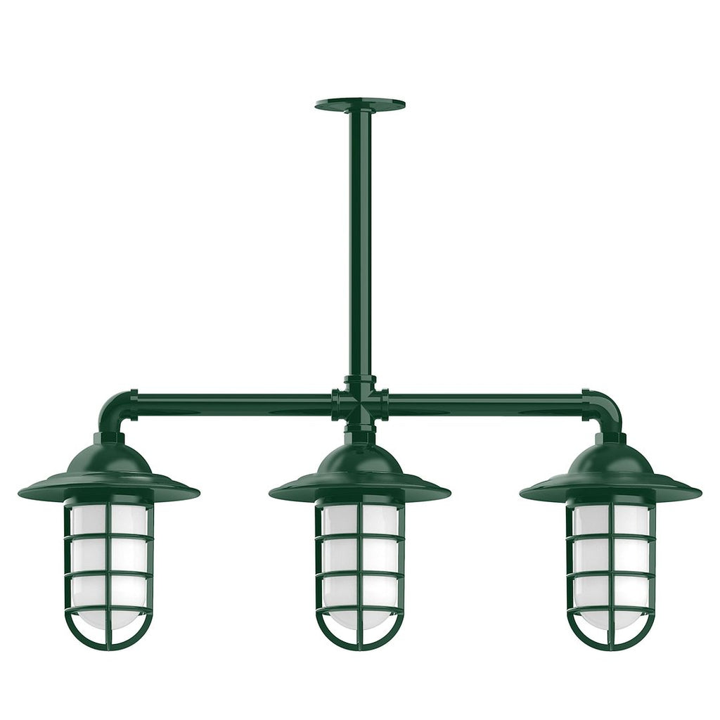 Vaportite, Style A Shade, 3-Light Stem Hung Pendant With Clear Glass And Cast Guard, Forest Green - MSK052-42-T36