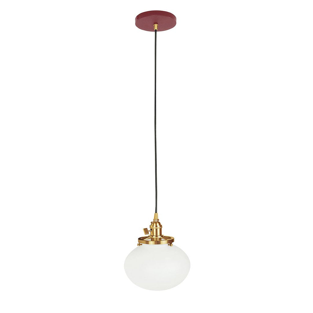 Uno 8" Pendant, With Acid Etched Glass Shade, Barn Red With Brushed Brass Hardware - PEB411-55-91