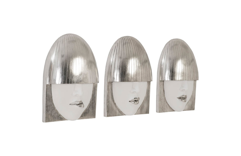 Fashion Faces Wall Art, Small, White and Silver Leaf, Set of 3