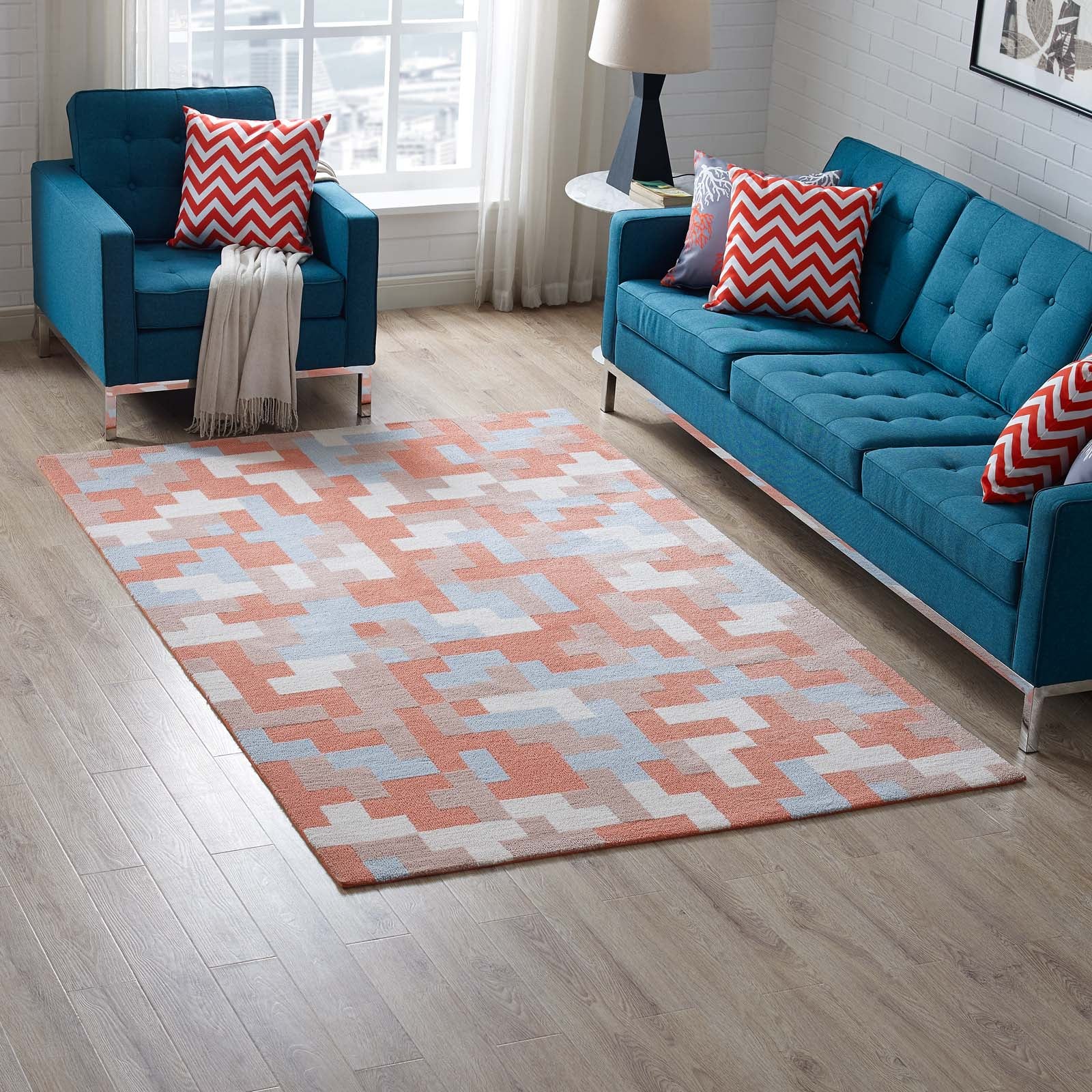 Andela Interlocking Block Mosaic 5x8 Area Rug in Coral and Light Blue