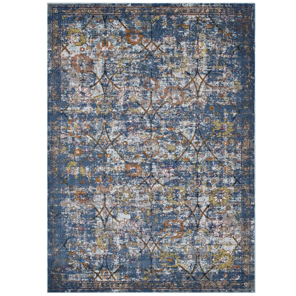 Minu Distressed Floral Lattice 4x6 Area Rug in Blue Gray,Yellow and Orange