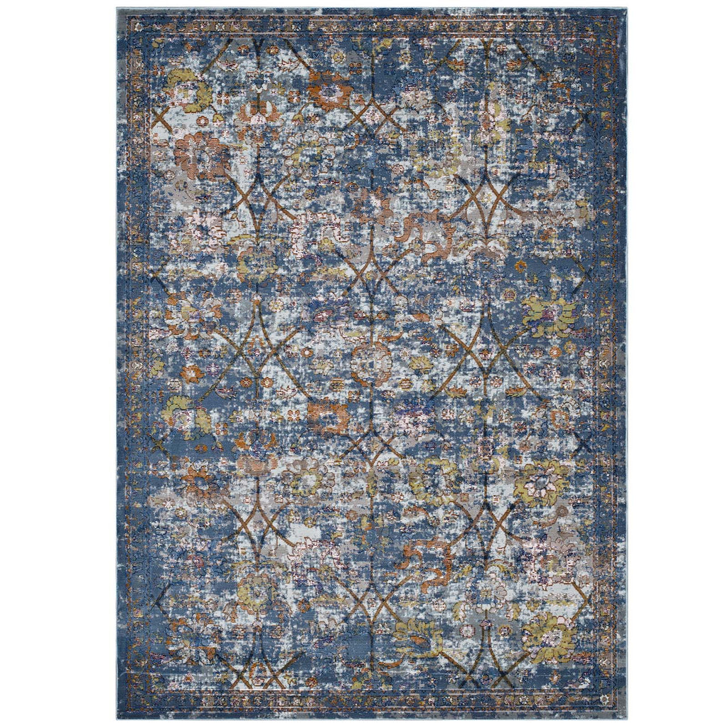 Minu Distressed Floral Lattice 5x8 Area Rug in Blue Gray,Yellow and Orange