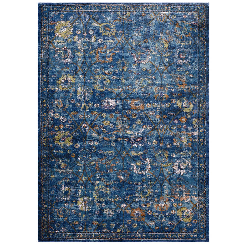 Minu Distressed Floral Lattice 4x6 Area Rug in Dark Blue,Yellow and Orange