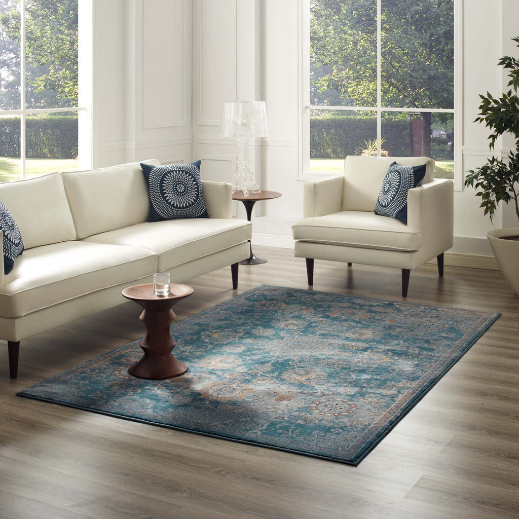 Cynara Distressed Floral Persian Medallion 8x10 Area Rug in Silver Blue,Teal and Beige