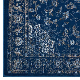 Lilja Distressed Vintage Persian Medallion 5x8 Area Rug in Moroccan Blue,Beige and Ivory