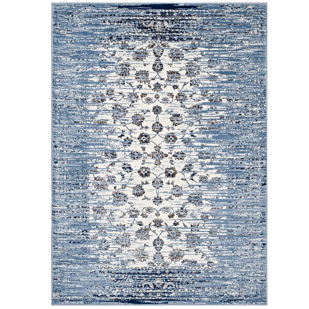 Chiara Distressed Floral Lattice Contemporary 5x8 Area Rug in Moroccan Blue and Ivory