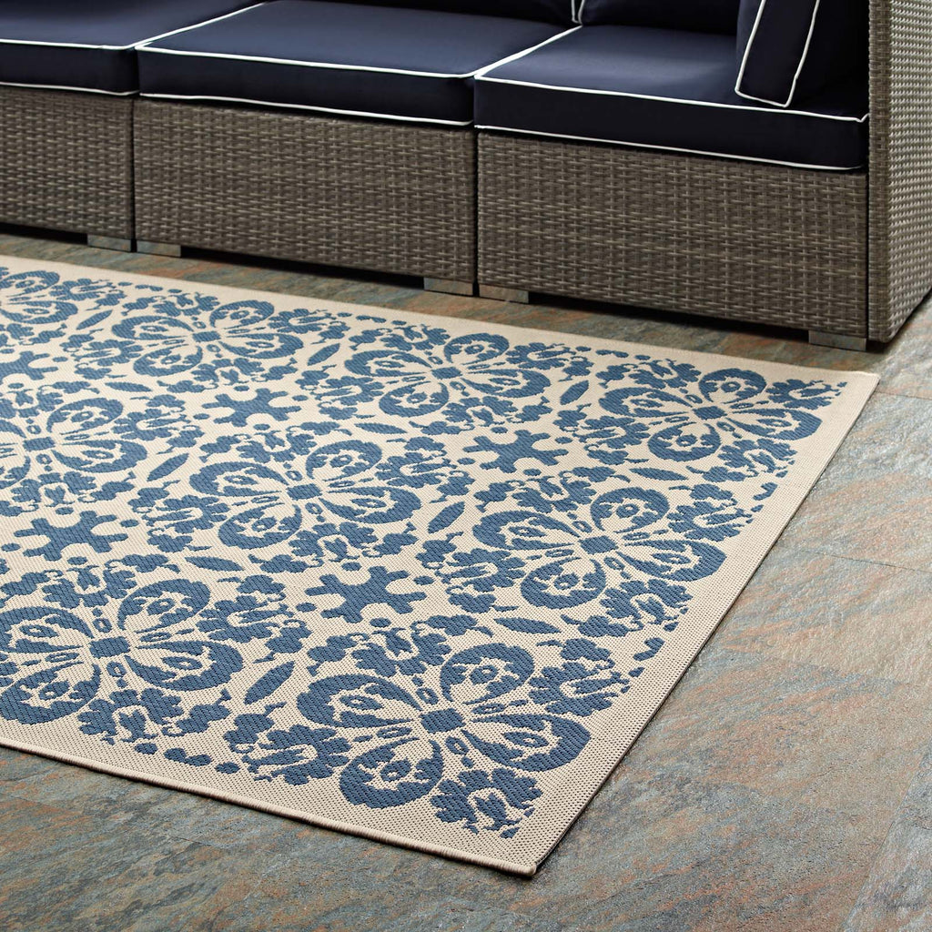 Ariana Vintage Floral Trellis 8x10 Indoor and Outdoor Area Rug in Blue and Beige