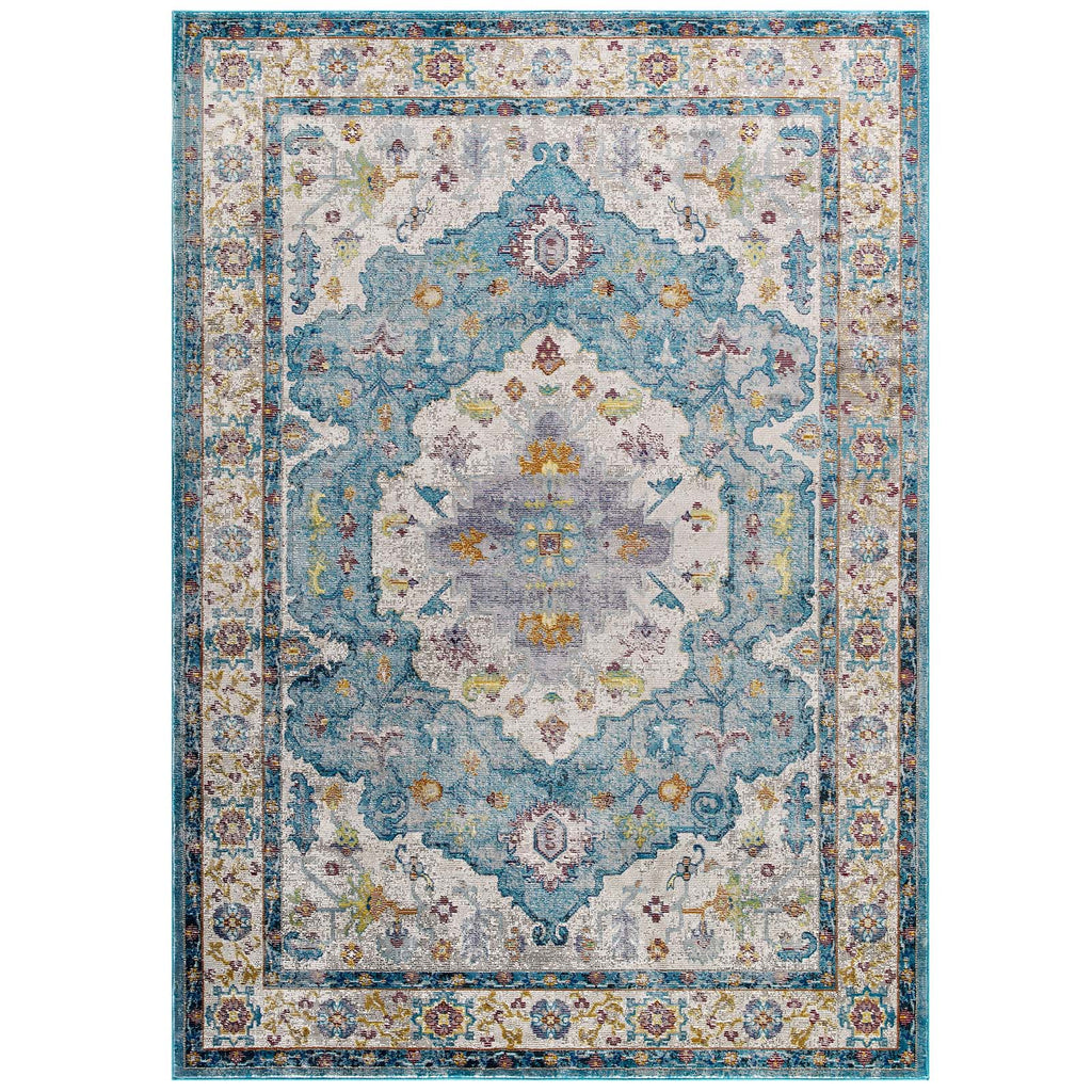 Success Anisah Distressed Floral Persian Medallion 8x10 Area Rug in Light Blue,Ivory,Yellow Orange