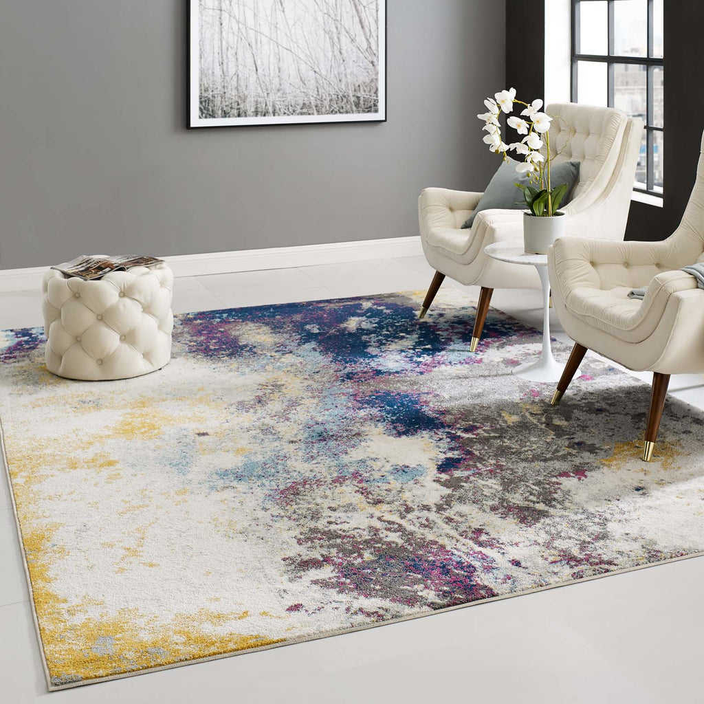 Entourage Adeline Contemporary Modern Abstract 8x10 Area Rug in Blue,Gray,Yellow,Ivory,Pink