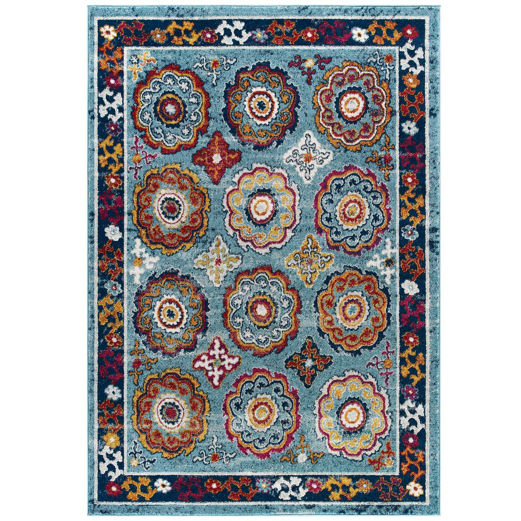 Entourage Odile Distressed Floral Moroccan Trellis 5x8 Area Rug in Blue,Red,Orange Yellow