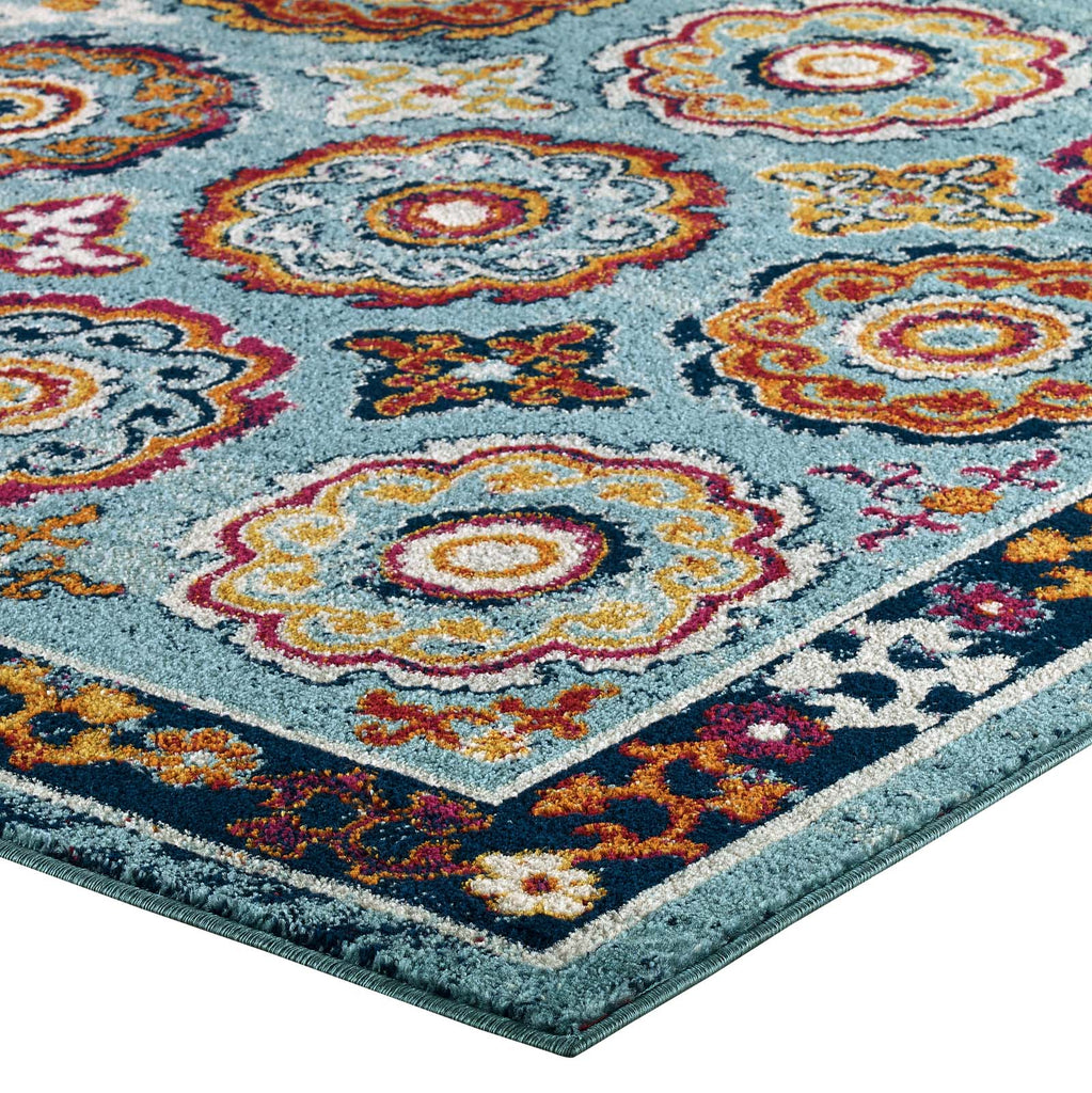 Entourage Odile Distressed Floral Moroccan Trellis 5x8 Area Rug in Blue,Red,Orange Yellow