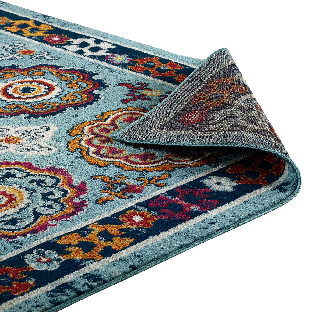 Entourage Odile Distressed Floral Moroccan Trellis 5x8 Area Rug in Blue,Red,Orange Yellow