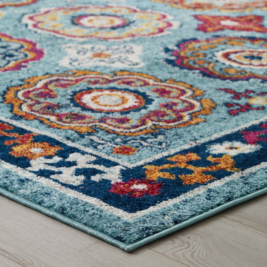 Entourage Odile Distressed Floral Moroccan Trellis 5x8 Area Rug in Blue,Red,Orange Yellow