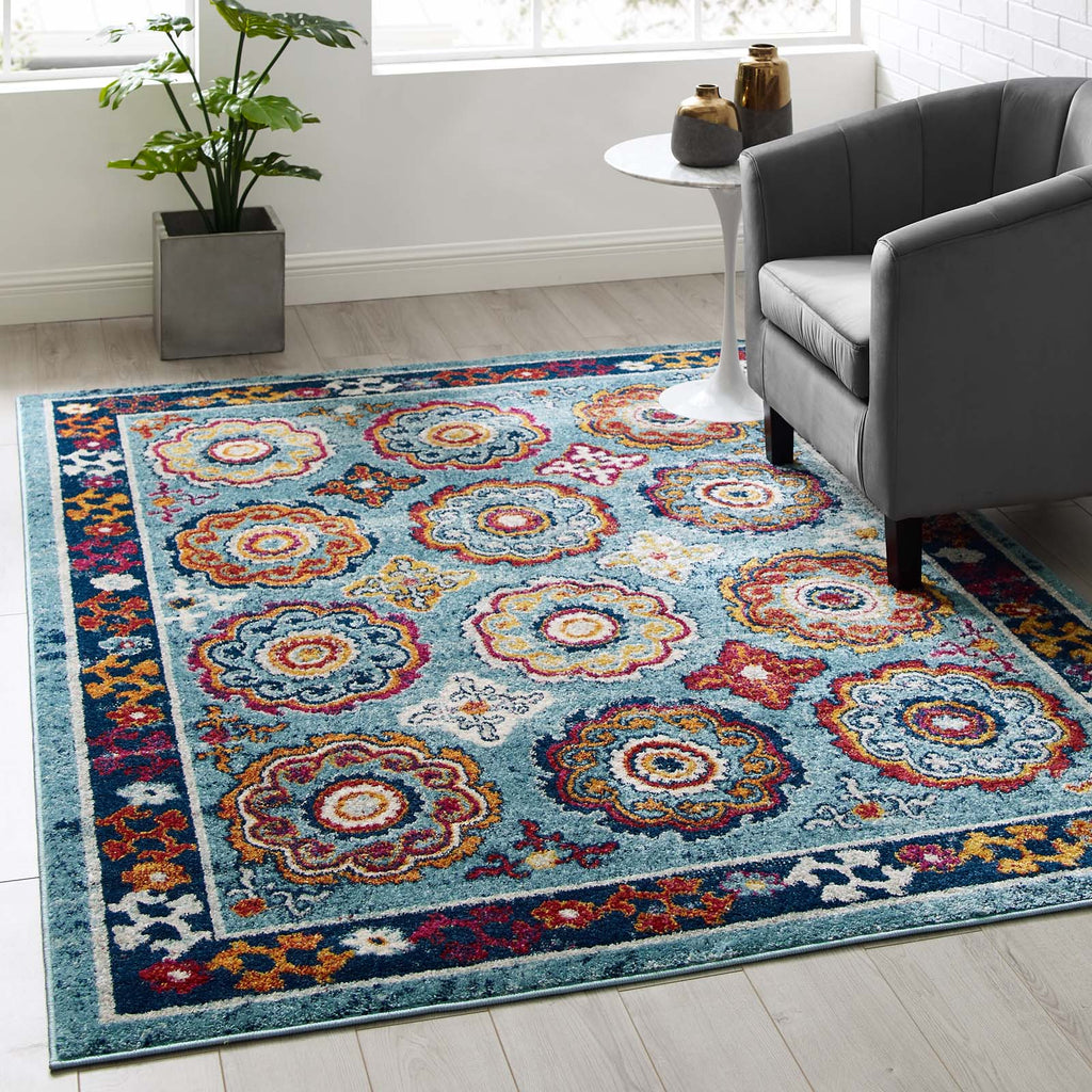 Entourage Odile Distressed Floral Moroccan Trellis 5x8 Area Rug in Blue,Red,Orange Yellow