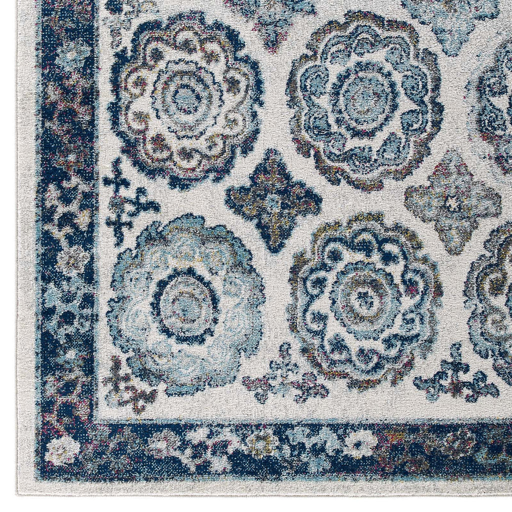 Entourage Odile Distressed Floral Moroccan Trellis 5x8 Area Rug in Ivory and Blue