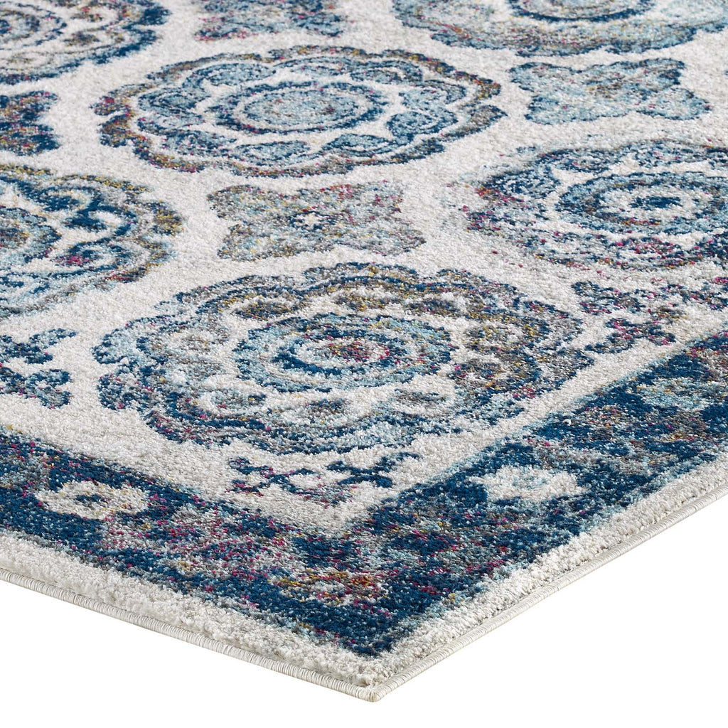 Entourage Odile Distressed Floral Moroccan Trellis 5x8 Area Rug in Ivory and Blue