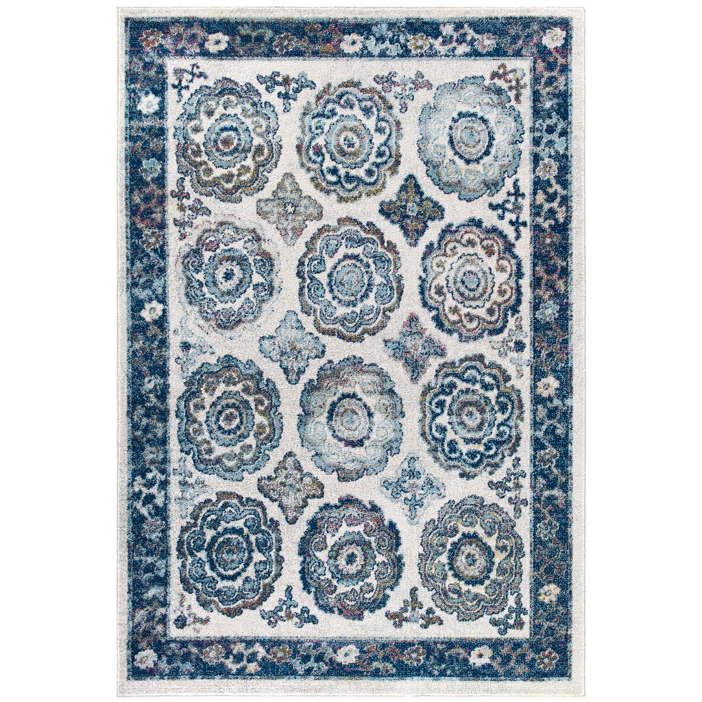 Entourage Odile Distressed Floral Moroccan Trellis 8x10 Area Rug in Ivory and Blue