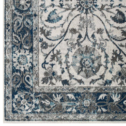 Entourage Samira Distressed Vintage Floral Persian Medallion 5x8 Area Rug in Ivory and Blue