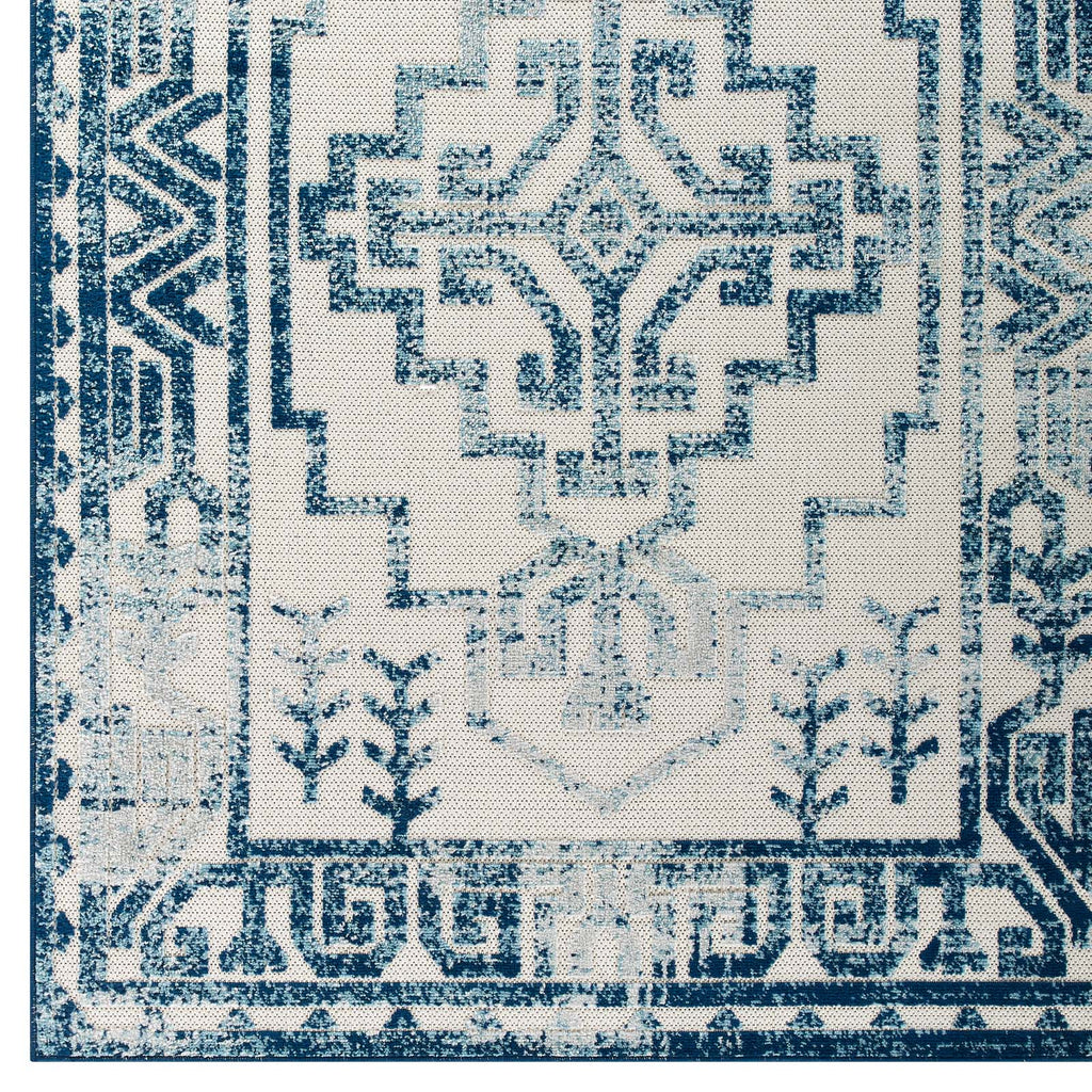 Reflect Nyssa Distressed Geometric Southwestern Aztec 5x8 Indoor/Outdoor Area Rug in Ivory and Blue