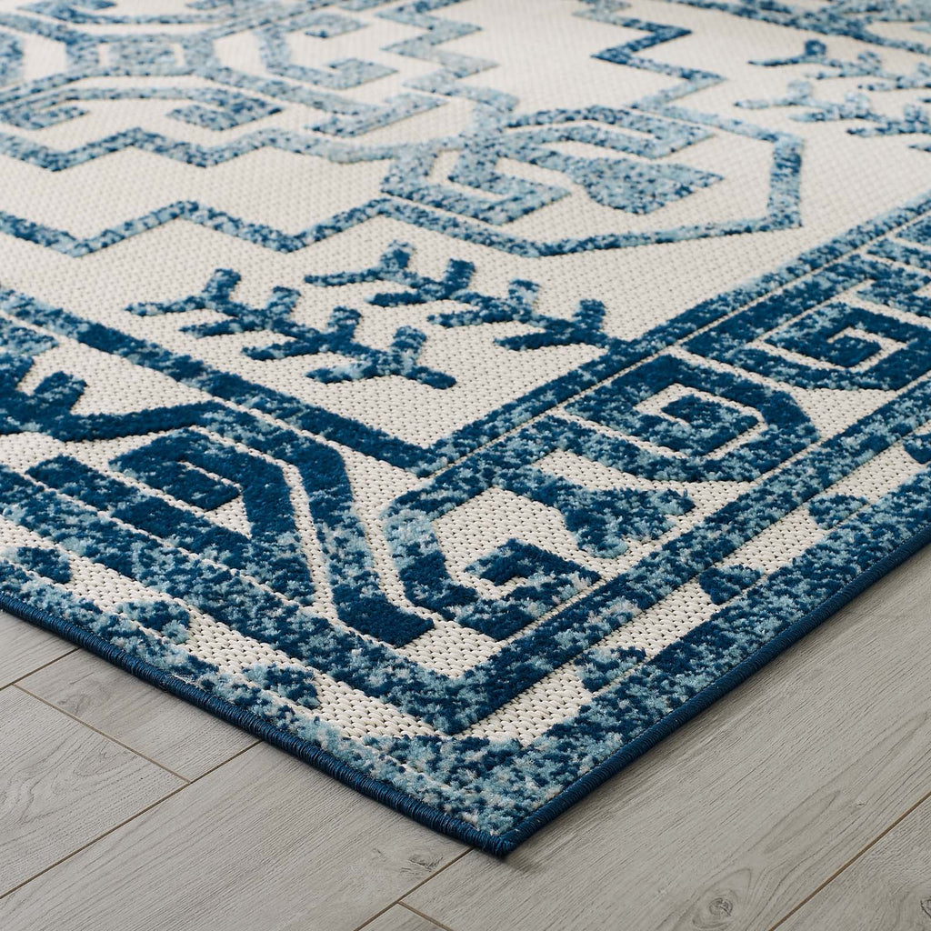 Reflect Nyssa Distressed Geometric Southwestern Aztec 8x10 Indoor/Outdoor Area Rug in Ivory and Blue