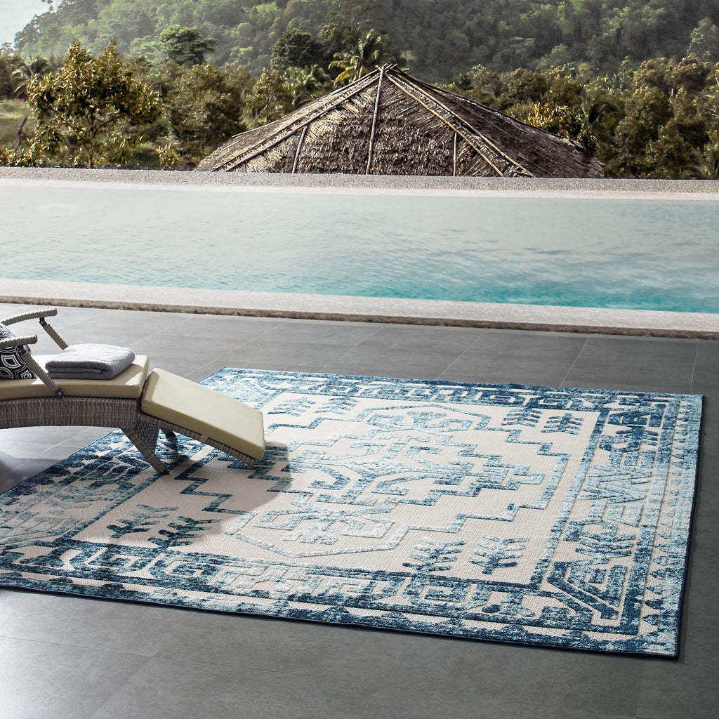 Reflect Nyssa Distressed Geometric Southwestern Aztec 8x10 Indoor/Outdoor Area Rug in Ivory and Blue