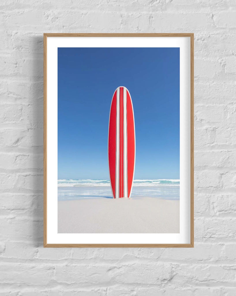 Red And White Striped Retro Surfboard Print