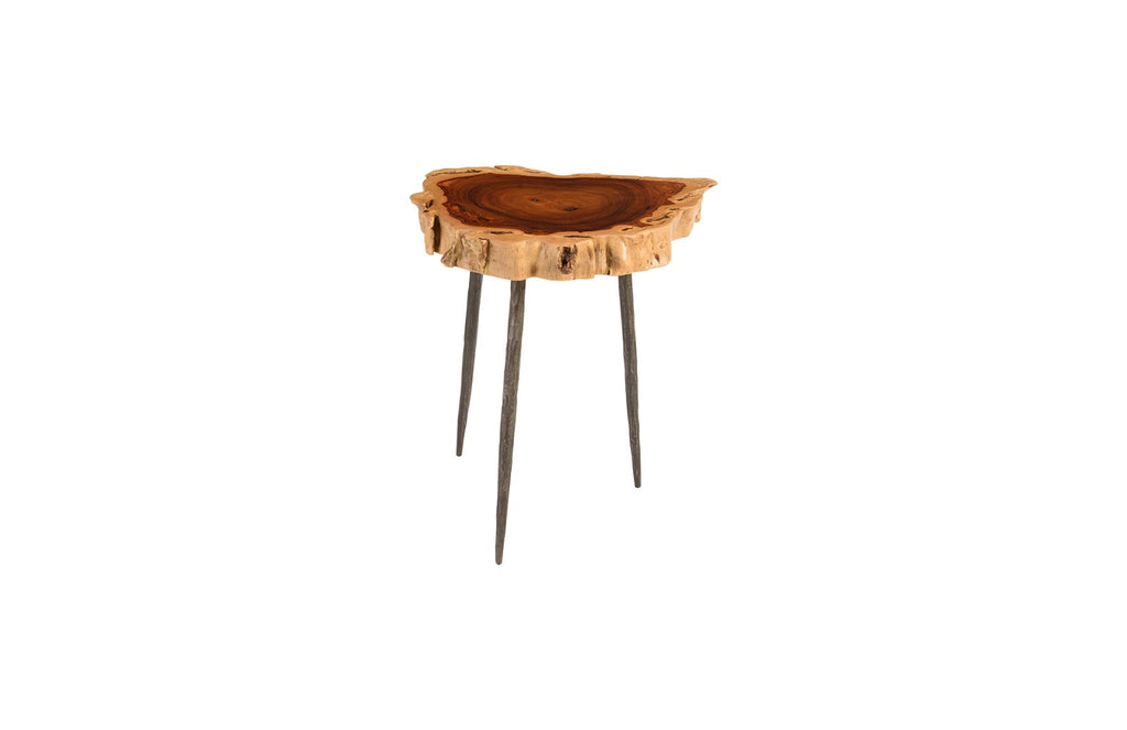 Makha Burled Wood SideTable, Forged Legs