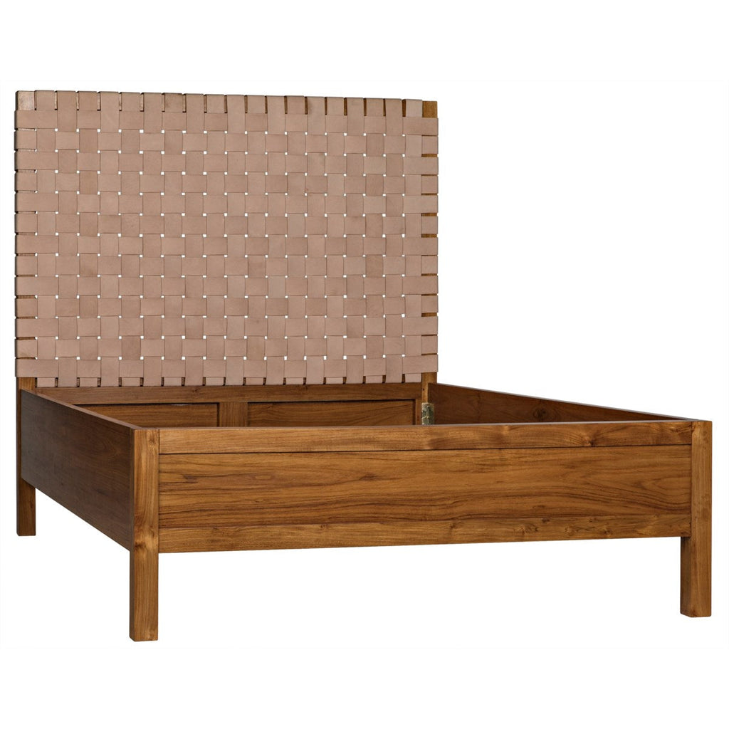 Mansard Bed, Queen, Teak with Woven Leather Headboard